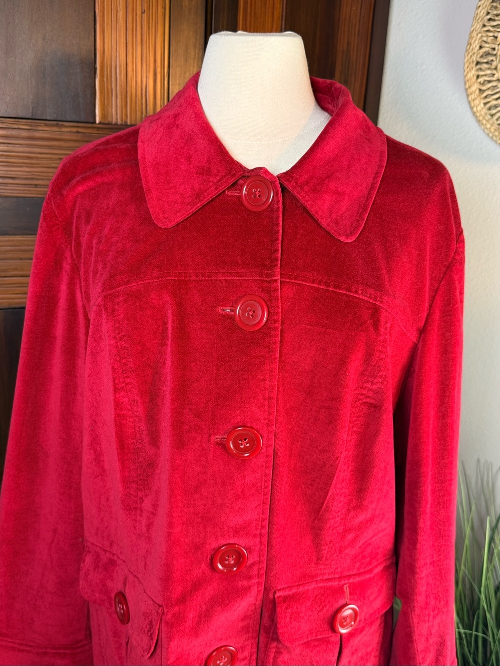 Talbots Woman Rich Red Velour Button Front Jacket Stretch Plus Size 18W Holiday - Picture 3 of 10